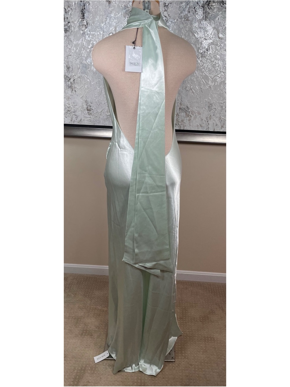 SAU LEE Penelope Mockneck Draped Satin Pistachio Green Maxi Dress Size 10 - Picture 7 of 9